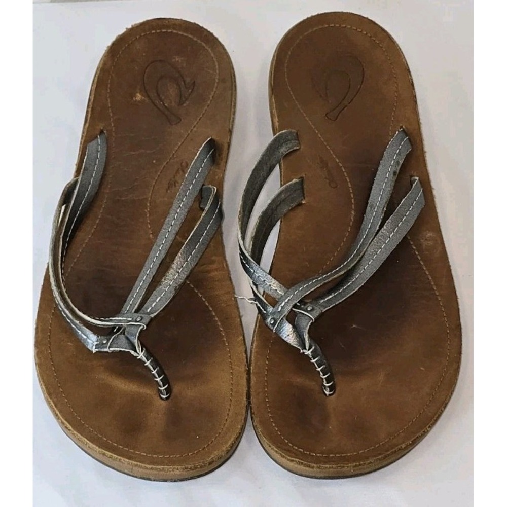 Olukai Womens Leather Thong Flip Flop Sandals‎ US Size 8 EU 38 Silver